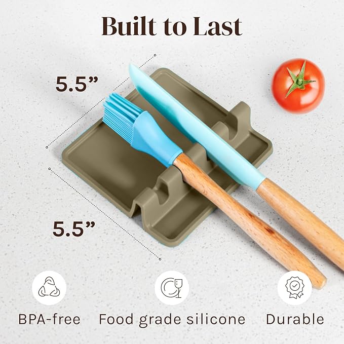Cooler Kitchen Stone Silicone Spoon Rest for Stove Top with Drip Pad (Two Pack) - Heat Resistant BPA Free Utensil Rest & Spoon Holder for Kitchen Counter - Grill Utensil Holder - Spatula Holder