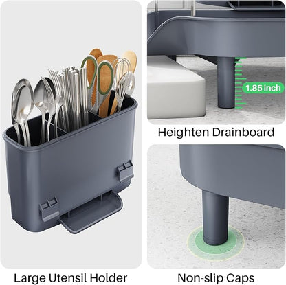 SAYZH Dish Drying Rack - Expandable Dish Rack for Kitchen Counter, Rust-Resistant Dish Drainer with Utensil Holder and Raised Guardrail, Kitchen Organizer for Cup and Bottle (Grey)
