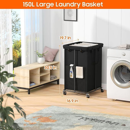 Rolling Laundry Hamper with Wheels – 150L Laundry Basket with Removable Bag & Sturdy Metal Frame, Large Tall Dirty Clothes Hampers for Bedroom, Laundry Room, Apartment, Dorm – Black