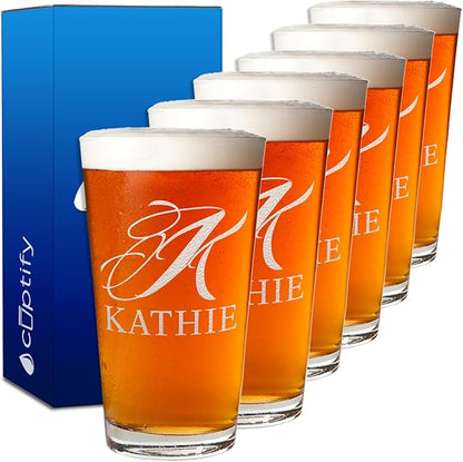 Cuptify Personalized Beer Glasses Set of 6 Script Monogram Initial and Name Laser Engraved 16 oz Pint Drinking Glasses Customized Mug Birthday Gift for Men and Women