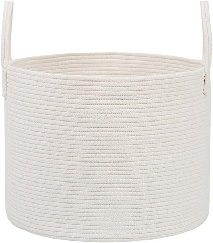 JMvicyroam 115L Extra Large Blanket Basket for Living Room - Woven Cotton Rope Laundry Hamper with Reinforced Handles - Storage Bin for Pillows, Comforters & Toys - Machine Washable,White