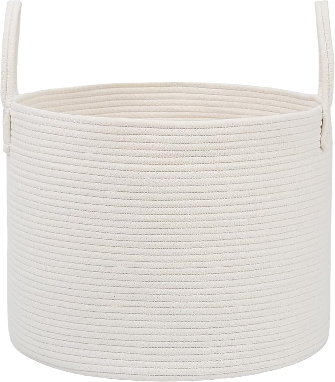 JMvicyroam 65L Extra Large Blanket Basket for Living Room - Woven Cotton Rope Laundry Hamper with Reinforced Handles - Storage Bin for Pillows, Comforters & Toys - Machine Washable,White