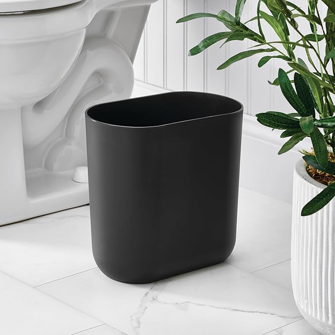 iDesign Small Slim Plastic Bathroom Trash Can, Garbage Can for Bedroom, Office, Desk, Dorm, Black