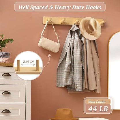 Coat Rack Wall Mount, Wooden Coat Hanger with 5 Hooks, Heavy Duty, Natural, 2 Pcs