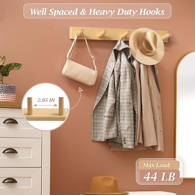 Coat Rack Wall Mount, Wooden Coat Hanger with 5 Hooks, Heavy Duty, Natural, 1 Pcs