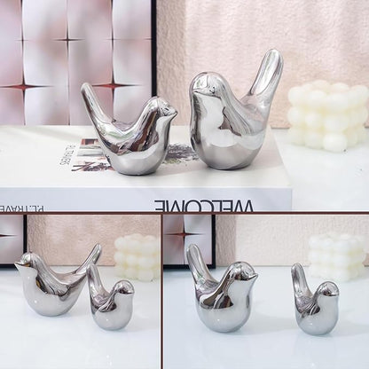 WhimWove 2 Pcs Ceramic Small Bird Figurines Modern Animal Statues for Home 、Room Decor and Bedroom Decor and Bookshelf Display (Silver)