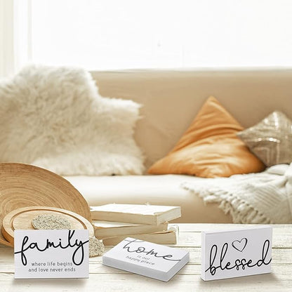 Jetec 3 Pcs Family Home Blessed Rustic Wood Sign Mini Wood Decorative Farmhouse Woodworks Table Shelves Decorations Sign for Bedroom Kitchen Living Room Table Decor(White,4.25 x 2.76 x 0.59 in)