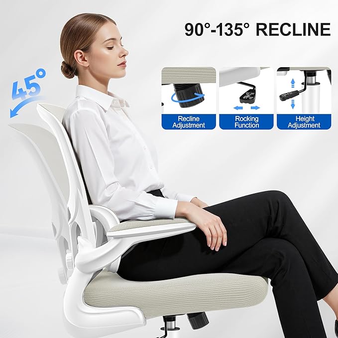Ergonomic Office Chair, Breathable Mesh Ergonomic Desk Chair with Adjustable Lumbar Support, Flip-up Armrests, Computer Chairs Comfortable for Home, Office, Work, 300lbs, White