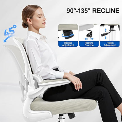 Ergonomic Office Chair, Breathable Mesh Ergonomic Desk Chair with Adjustable Lumbar Support, Flip-up Armrests, Computer Chairs Comfortable for Home, Office, Work, 300lbs, White