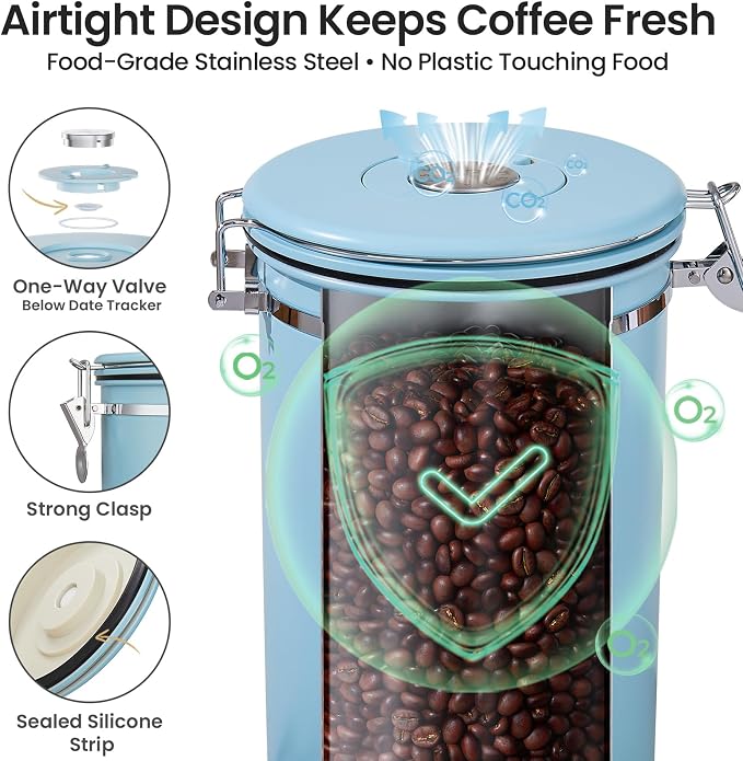 Veken Coffee Canister, 39OZ Large, Airtight Stainless Steel Food Storage Container for 2.2lbs Coffee Beans, Ground, Sugar, Tea, Cookie, Flour, Kitchen Bar Accessories with Date Tracker & Scoop, Blue