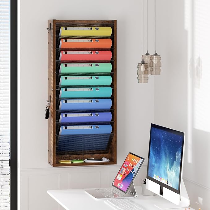 Hanging Wall File Organizer, 11 Tier Wood Wall File Holder with 4 Hooks, Mail Organizer Wall Mounted with Bottom Flat Tray, Vertical Paper Desk Storage for Office, Home, Rustic Brown