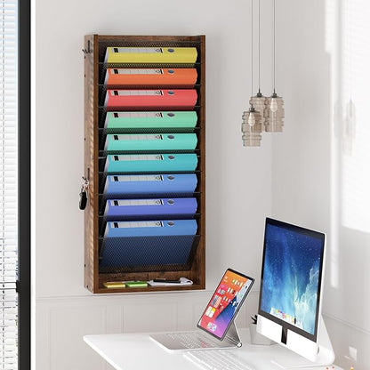 Hanging Wall File Organizer, 11 Tier Wood Wall File Holder with 4 Hooks, Mail Organizer Wall Mounted with Bottom Flat Tray, Vertical Paper Desk Storage for Office, Home, Rustic Brown