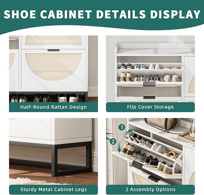 Shoe Storage Cabinet for Entryway Wooden Rattan Shoe Cabinet with 4 Flip Drawers Long Hidden Shoes Cabinet Storage with Metal Legs Narrow Shoe Rack Cabinet Shoes Organizer Cabinet for Hallway White