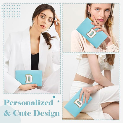 Small Personalized Initial A-Z Preppy Patch Makeup Bag,PU Chenille Letter Travel Cosmetic Pouch with Zipper,Blue Cute Toiletry Bag,Gift Ideal for Teen Girls Women Teacher Bridesmaid,Letter D