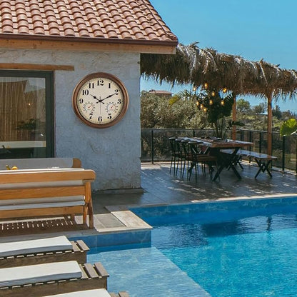 45MinST 16 Inch Bronze Vintage Large Indoor/Outdoor Waterproof Wall Clock with Thermometer & Hygrometer, Silent Non-Ticking Quartz Timepiece for Home, Porch, Garden,Pool