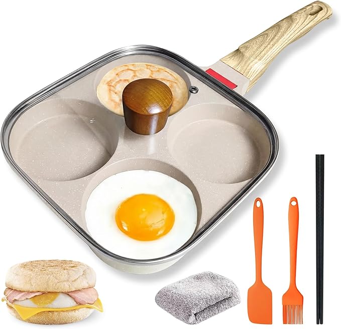 4‑Cup Nonstick Egg Pan Set with Lid – Aluminum Omelette Skillet for Breakfast, Includes Silicone Scraper, Oil Brush, Chopsticks & Cleaning Cloth – Compatible with Gas & Induction Cooktops (White)