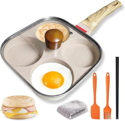 4‑Cup Nonstick Egg Pan Set with Lid – Aluminum Omelette Skillet for Breakfast, Includes Silicone Scraper, Oil Brush, Chopsticks & Cleaning Cloth – Compatible with Gas & Induction Cooktops (White)