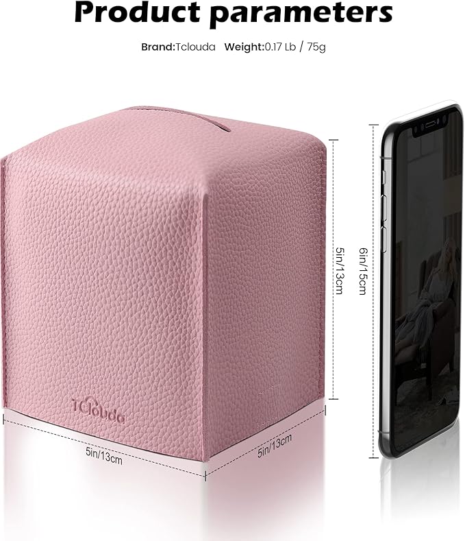 Tclouda Tissue Box Cover for PU Leather, Modern Simple Solid Color Holder Square Tissue Bag, Ideal for Bathrooms,Office,Car,Nightstand,Outdoor Tent,Dining Table,5"X5"X5", Single Pink