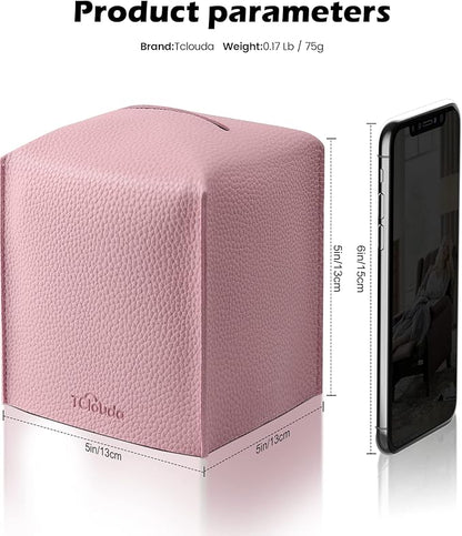 Tclouda Tissue Box Cover for PU Leather, Modern Simple Solid Color Holder Square Tissue Bag, Ideal for Bathrooms,Office,Car,Nightstand,Outdoor Tent,Dining Table,5"X5"X5", Single Pink