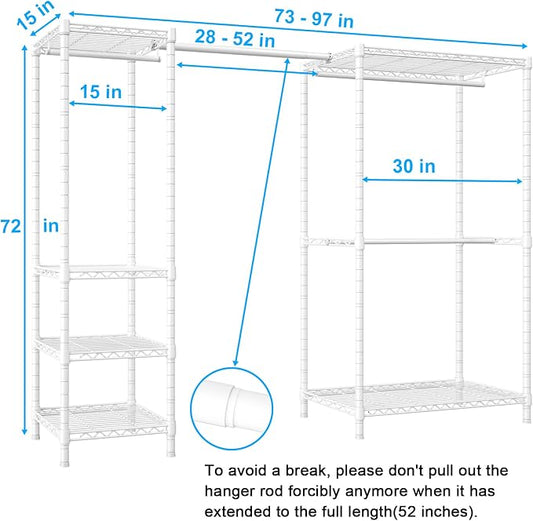 Ulif E10 Clothes Rack（With Stretchable Hanger Rod）Freestanding Clothing Racks for Hanging Clothes，Adjustable Closet Organizer System，Portable Garment Rack 73-97"W x 15" D x 72" H，Max Load 800LBS，White