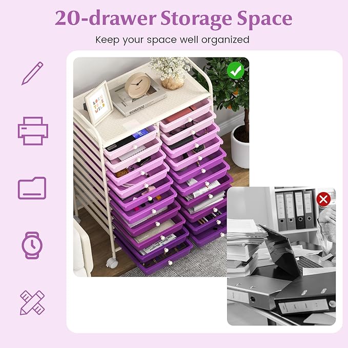 GOFLAME 20-Drawer Rolling Storage Cart, Multifunctional Art Craft Organizer Cart, Mobile Utility Storage Cart with Removable Drawers & Lockable Wheels, Craft Cart for Home Office, Purple Gradient