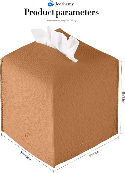 Tissue Box Cover, Jeethemy Square PU Leather Tissue Box Holder, Modern Tissue Case Facial Paper Organizer Dispenser，5X5X5'',Single Brown