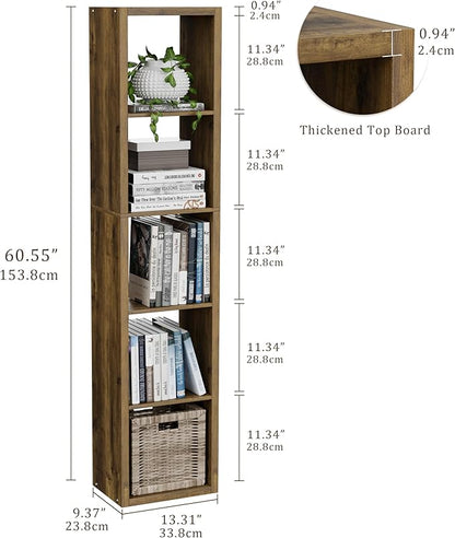 Tall Cube Storage Organizer Bookcase, 5 Tier 11 inch Open Back Cubical Shelf with Thickened Border, Display Bookshelf for Living Room, Home Office, Sturdy Room (Brown, 5 Cube,Vertical)
