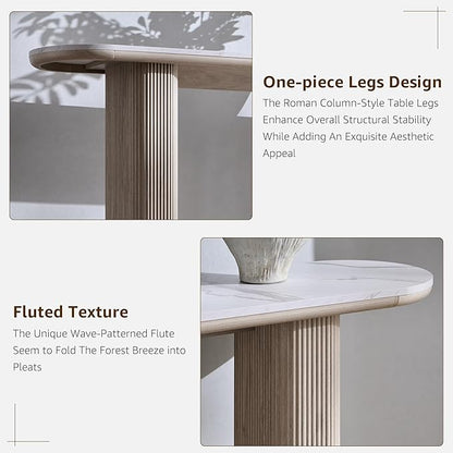 OKD 63" Modern Console Table with Arc Faux Marble Texture Top, Fluted Wood Base, Contemporary Entryway Sofa Table for Living Room, Hallway, Foyer, White Alder