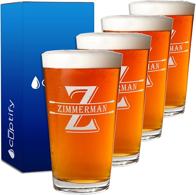 Cuptify Personalized Beer Glasses Set of 4 Monogram Initial and Name Laser Engraved 16 oz Pint Drinking Glasses Customized Mug Birthday Gift for Men and Women