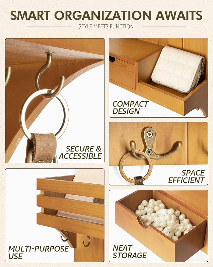 Rebee Vision Farmhouse Key Holder Wall Mount with Mini Drawer Organizer – Mail Organizer with 9 Key Hooks – Ideal Home Decor for Entryway, Hallway, and Bedroom (Light Brown)