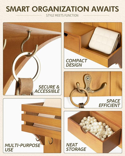 Rebee Vision Farmhouse Key Holder Wall Mount with Mini Drawer Organizer – Mail Organizer with 9 Key Hooks – Ideal Home Decor for Entryway, Hallway, and Bedroom (Light Brown)