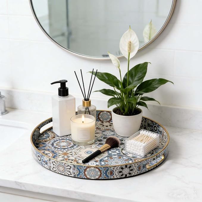 Round Serving Tray with Handles - Boho Coffee Table Tray Ottoman Tray,Large Trays for Ottoman Coffee Table,Modern Decorative Trays for Living Room