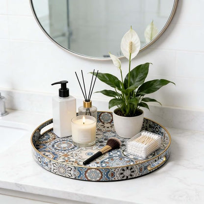 Round Serving Tray with Handles - Boho Coffee Table Tray Ottoman Tray,Large Trays for Ottoman Coffee Table,Modern Decorative Trays for Living Room