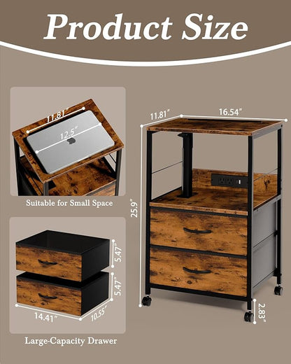 Faesun Swivel Lift Top Nightstand with Charging Station, Rolling Side Table for Recliner, Bedside Table with Wheels & 2 Fabric Drawers, for Small Spaces, for Bedroom, Living Room, Brown