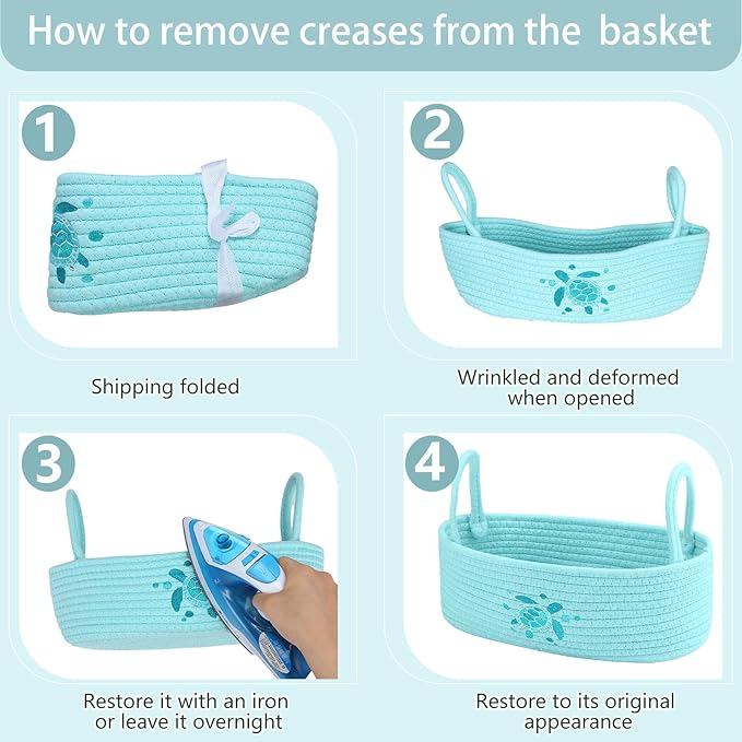 Vesici Sea Turtle Toilet Paper Basket Boho Woven Cotton Rope Bathroom Countertop Organizer with Handle Blue Summer Beach Sea Turtle Bathroom Storage Decor for Bedroom Nursery, 13 x 6 x 4 Inch