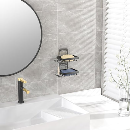 Moforoco Double Soap Bar Holder for Shower, No Drilling, 304 Stainless Steel, Wall Mounted Soap Holder with 4 Hooks and Razor Holder, Shower Rack Soap Tray Bar Soap for Bathroom Accessories Organizer