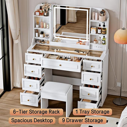 43" Makeup Vanity Desk with Mirror and Lights, & Power Outl, Glass Top Big Vanity Table with 9 Drawers& 8 Storage Shelves, Dressing Table Set with Chair for Bedroom, White