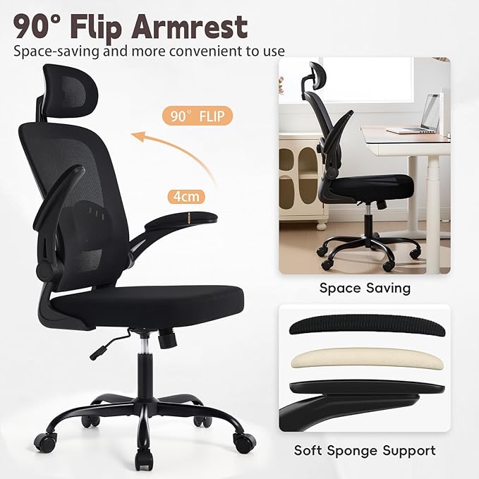 Ergonomic Office Chair with 3D Adjustable Lumbar Support, Mesh High Back, 75° Rotating Headrest, Rocking Function, 300lbs Capacity, Black/White (Black)