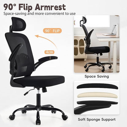 Ergonomic Office Chair with 3D Adjustable Lumbar Support, Mesh High Back, 75° Rotating Headrest, Rocking Function, 300lbs Capacity, Black/White (Black)