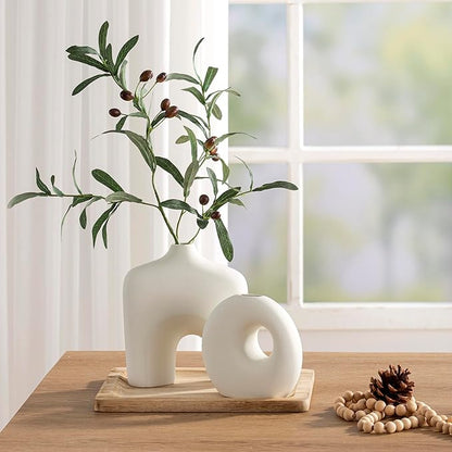 Dobbyby Ceramic Vase Set of 2, Modern Donut Vases for Minimalist Nordic Home Decor, Waterproof Round Vase, Decorative Centerpiece Vases for Living Room, Entryway, Table Decor (02-Matte Cream)