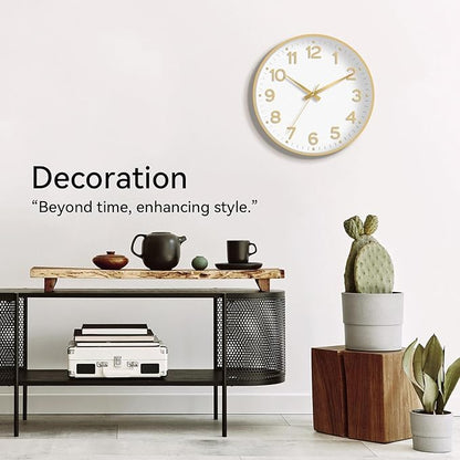 Roymnie Wall Clock 12 Inch Silent Wall Clocks Battery Operated-Modern Non Ticking Analog Clock Decorative for Kitchen Bedroom Office (White Gold)