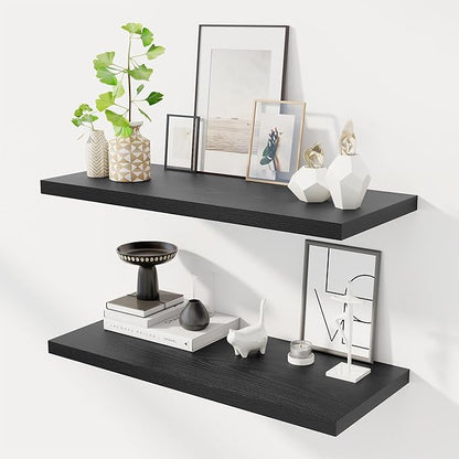 Dreamland 32" Floating Shelves for Wall, 12" Deep Slim Black Floating Shelves, Wall-Mounted Shelves for Bedroom, Living Room, Kitchen, Bathroom - Set of 2