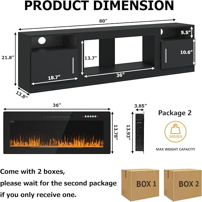PRETZI Fireplace TV Stand with 36" Fireplace Up to 90" TVs, 80" Entertainment Center with LED Lights, Remote Control, TV Media Console with Storage Cabinets for Living Room, Black