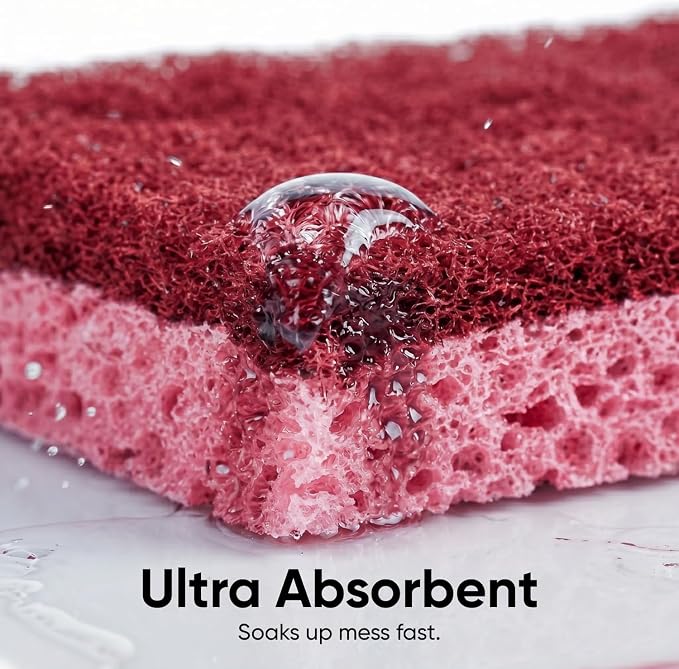 Superio Non-Scratch Cellulose Sponge Kitchen Scrub Sponges with Scouring Pad Set, Good for Non-Stick Cookware Frying Pan, Pot, Counter Top, Sink Scrubbing, Kitchen Scrubbers, Pack of 3, RedPink