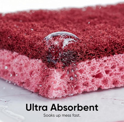 Superio Non-Scratch Cellulose Sponge Kitchen Scrub Sponges with Scouring Pad Set, Good for Non-Stick Cookware Frying Pan, Pot, Counter Top, Sink Scrubbing, Kitchen Scrubbers, Pack of 3, RedPink