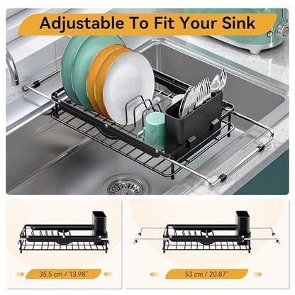 Over the Sink Dish Drying Rack,In Sink Dish Drying Racks,Expandable Dish Rack Over Sink Counter,Adjustable Dish Drainer for Inside Sink with Utensil Holder, Stainless Steel Dish Strainer Compact Size