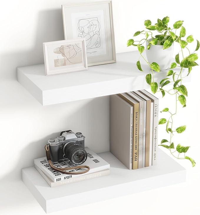 Acovy 16 Inch Floating Shelves, 8 Inch Deep Floating Shelves for Wall, Hanging Shelf with Invisible Brackets, Deep Shelves for Bathroom, Bedroom, Living Room, White, Set of 2