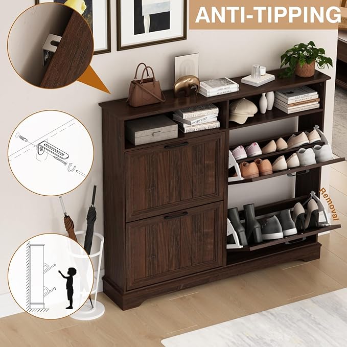 Shoe Storage Cabinet with 4 Flip Drawers, Farmhouse Modern Hidden Shoes Rack Cabinet with Adjustable Shelves & Open Storage, Narrow Slim Shoe Organizer for Front Door Entrance, Entryway, Walnut