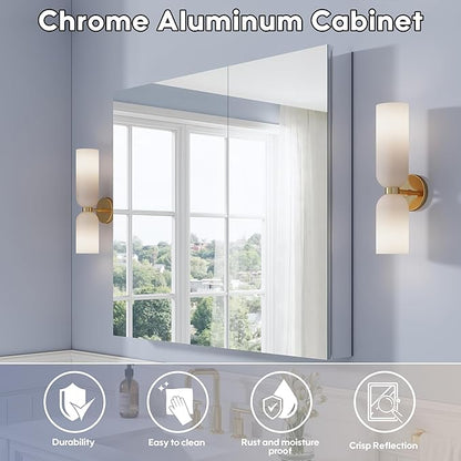 WELLFOR 40" x 36" Bathroom Medicine Cabinet with Mirror, Anodized Chrome Aluminum Frame, Surface Mount or Recessed Medicine Cabinet with Mirror, Bathroom Mirror with Storage, Double Doors