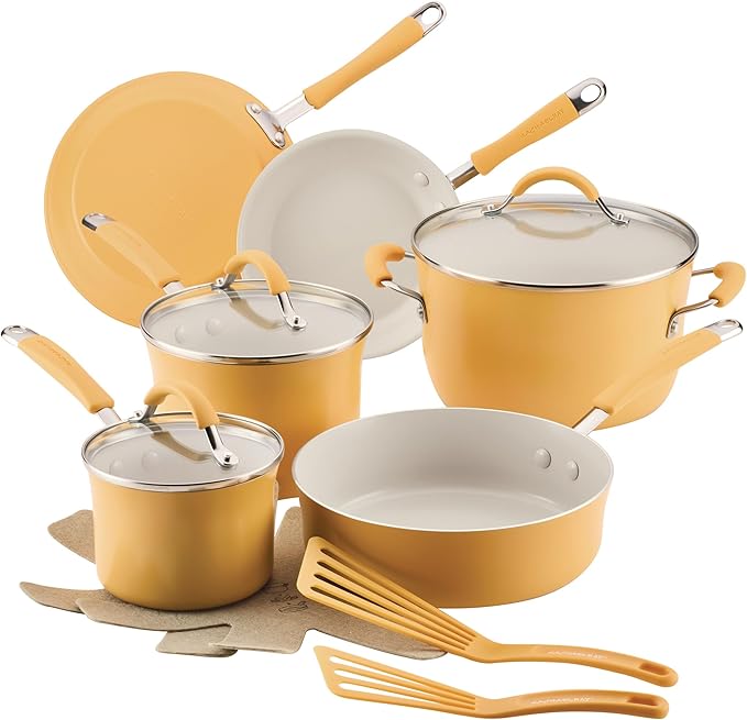 Rachael Ray Cucina Ceramic Cookware Set - 13 Pieces - Ceramic Pots and Pans Set w/Nonstick Frying Pans, Saute Pan, Saucepans, Stockpot, Lids, Pan Protectors - Turmeric